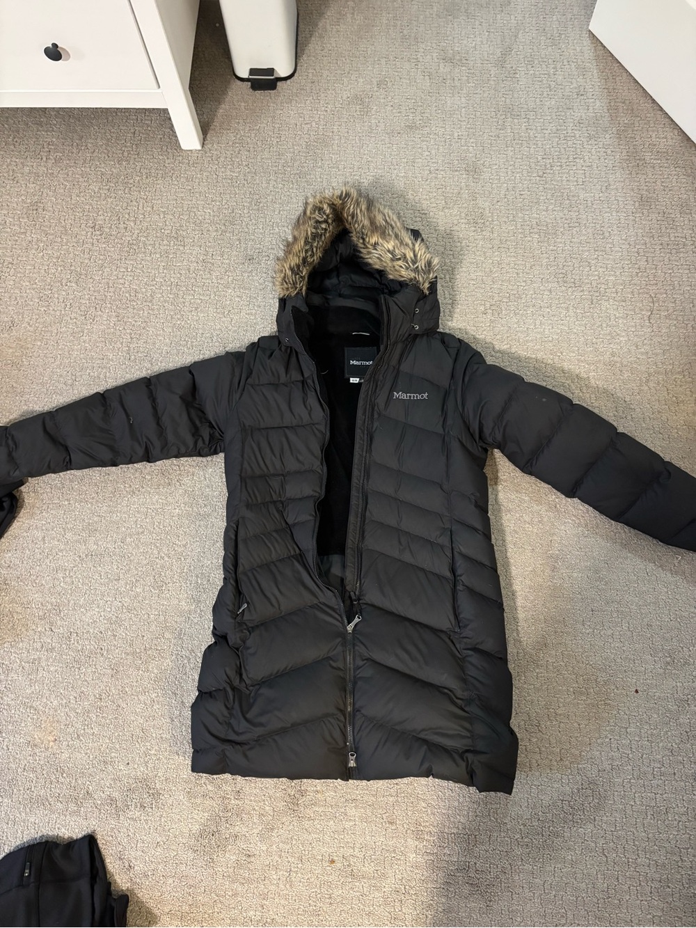 Marmot Black Hooded Chevron Puffer Coat View 2